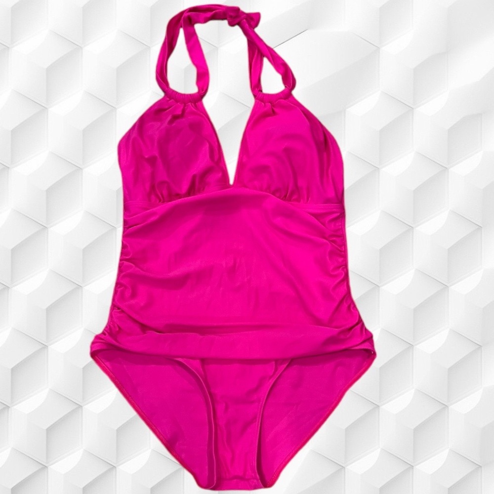 Like NEW  Hot pink  halter style flattering curvy body one piece swimsuit Sz 14W